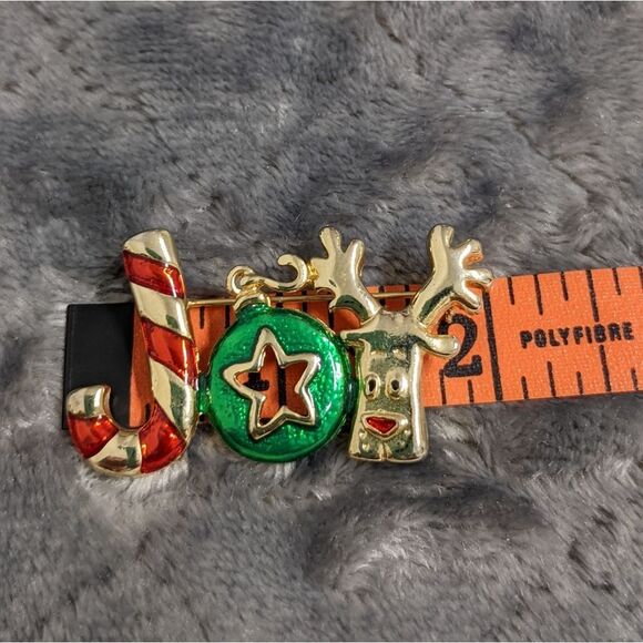 Vintage 1980's Christmas "Joy" Enameled and Goldtone Brooche - Picture 7 of 9
